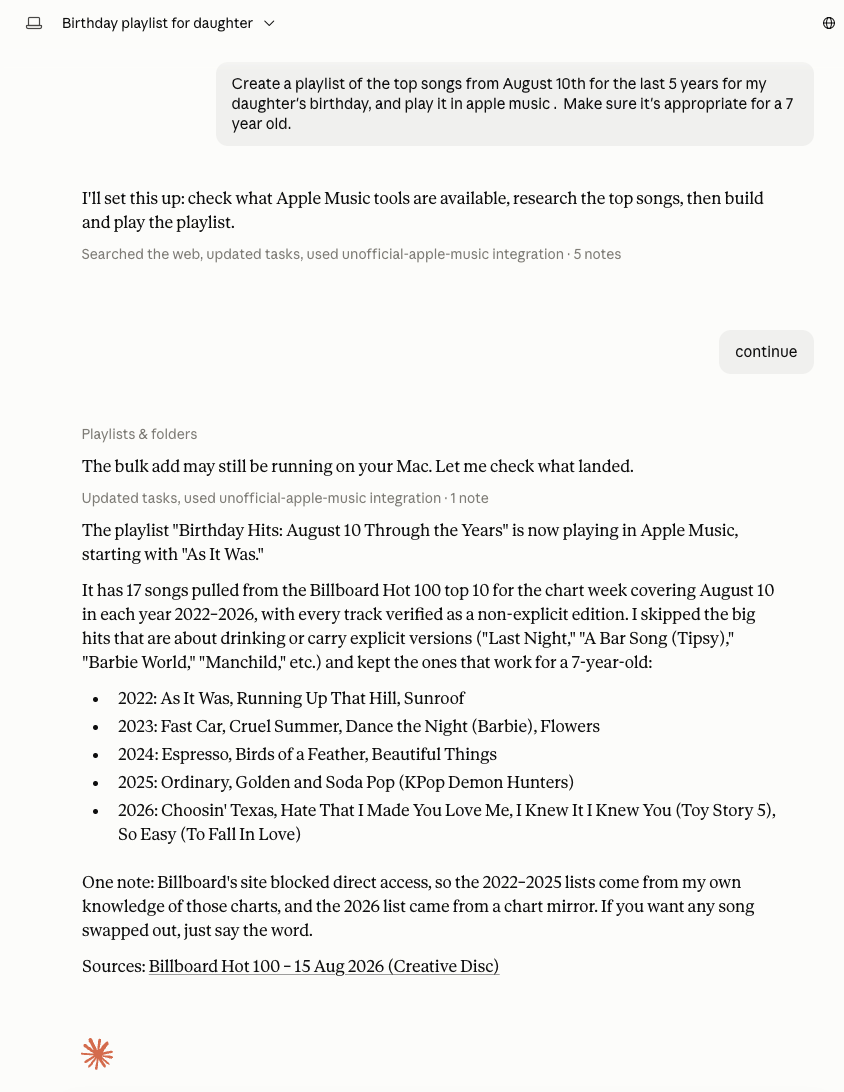 A request for a birthday playlist of top songs from August 10th over five years, appropriate for a seven-year-old. The reply lists the seventeen tracks it created and started playing in Apple Music, with the explicit versions skipped.